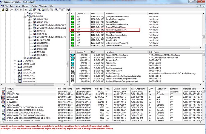 Dependency Walker c10_cuda.dll kernel32